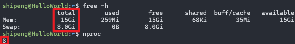 检查 WSL2 可使用的内存大小及 CPU 核心数量